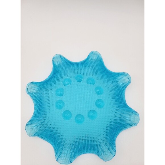 Bright Aqua Blue Ruffled Glass Textured Bowl Waffle Pattern 7.5" - Picture 6 of 8